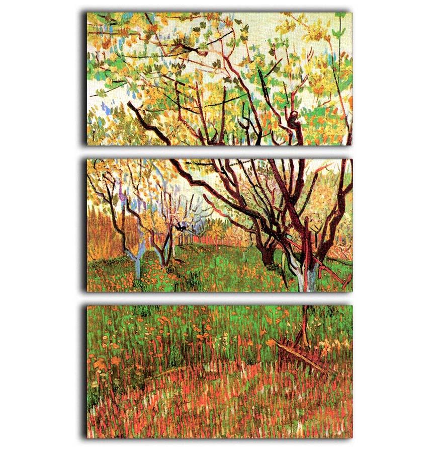 Orchard in Blossom by Van Gogh, a stunning 3-panel canvas print showcasing vibrant colors and intricate details of blooming trees.