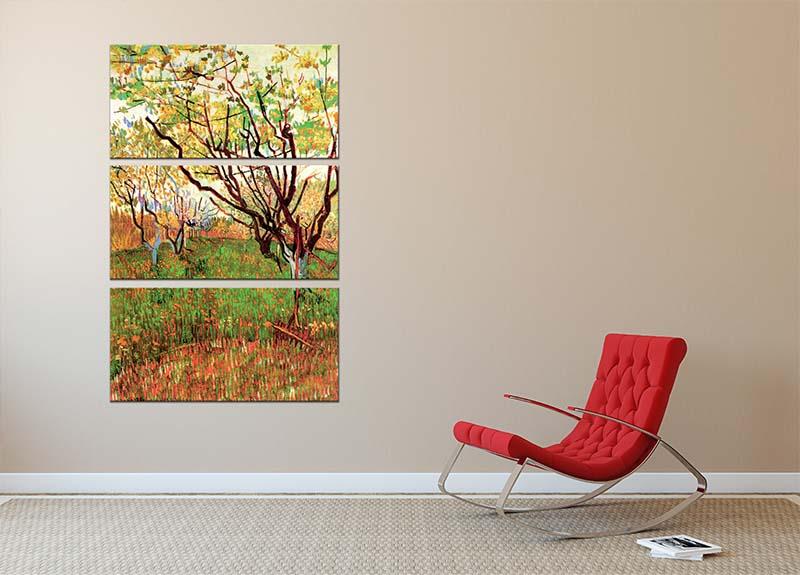 Orchard in Blossom by Van Gogh, a stunning 3-panel canvas print showcasing vibrant colors and intricate details of blooming trees.