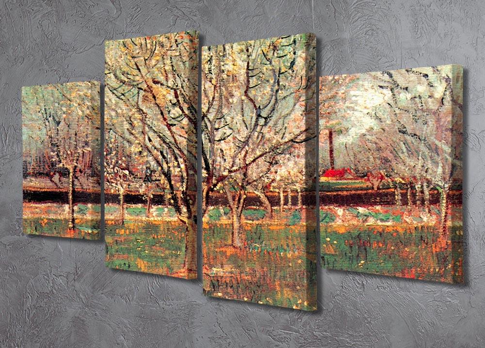 4 split panel canvas artwork of Van Gogh's Orchard in Blossom Plum Trees, showcasing vibrant colors and intricate details.