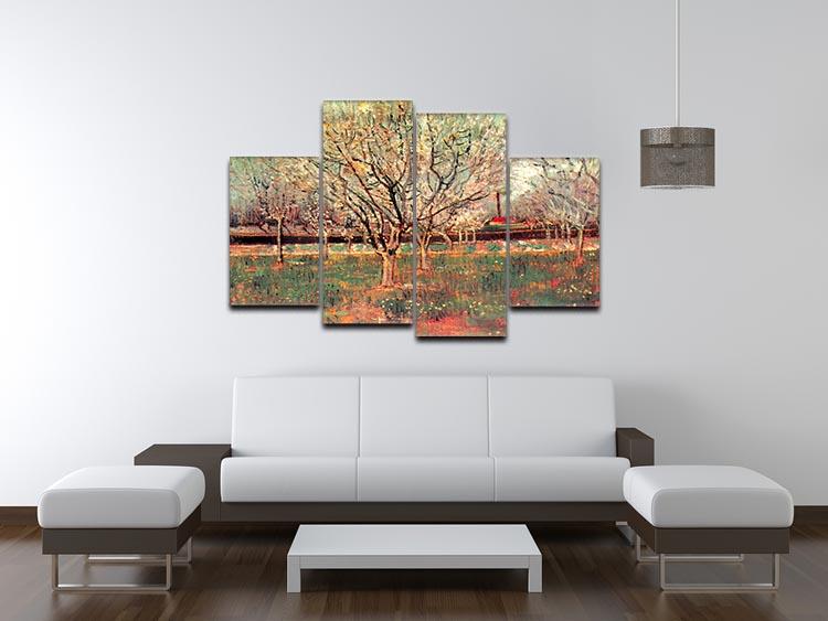 4 split panel canvas artwork of Van Gogh's Orchard in Blossom Plum Trees, showcasing vibrant colors and intricate details.
