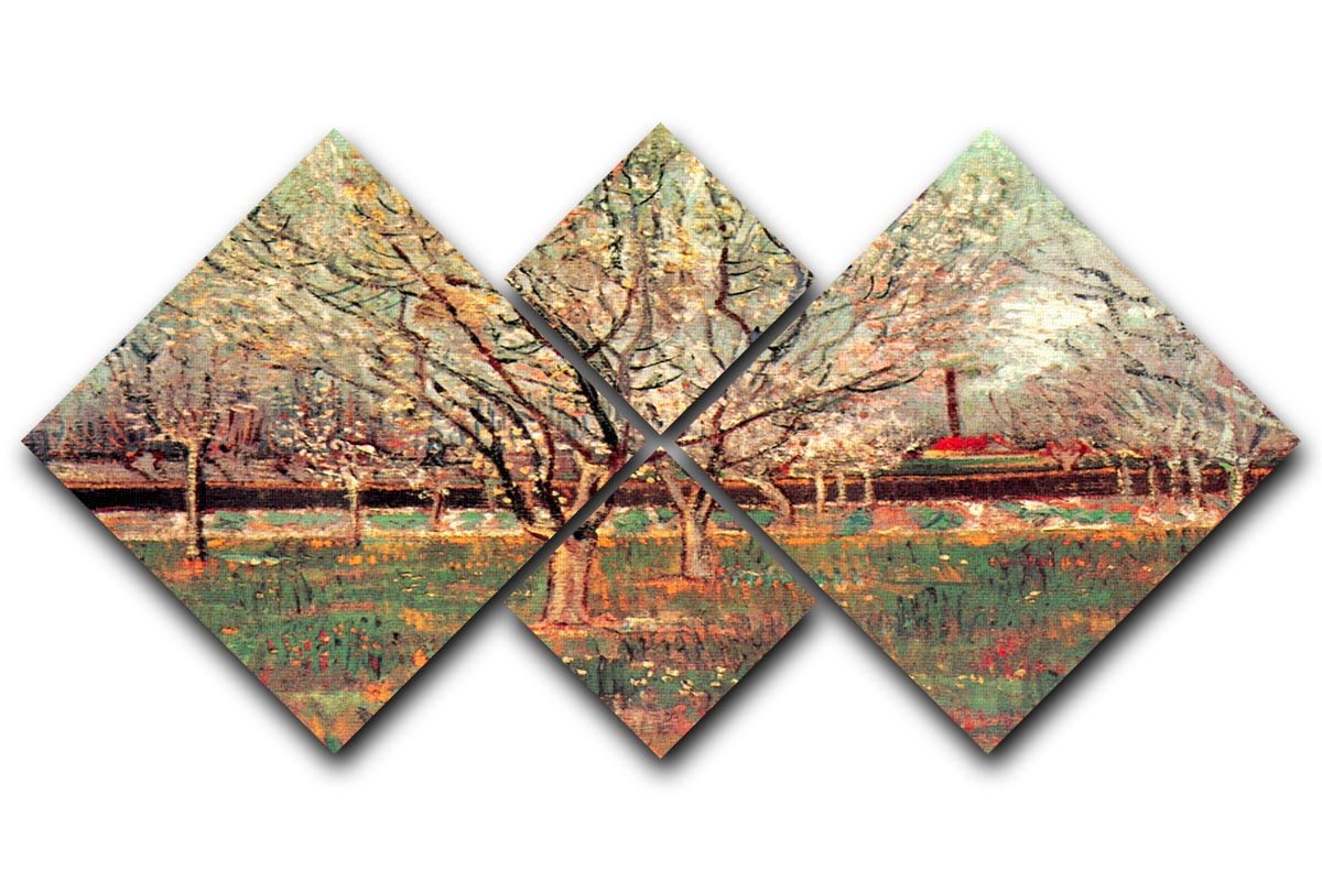 4-square multi-panel canvas featuring Van Gogh's Orchard in Blossom Plum Trees, showcasing vibrant plum blossoms against a blue sky.