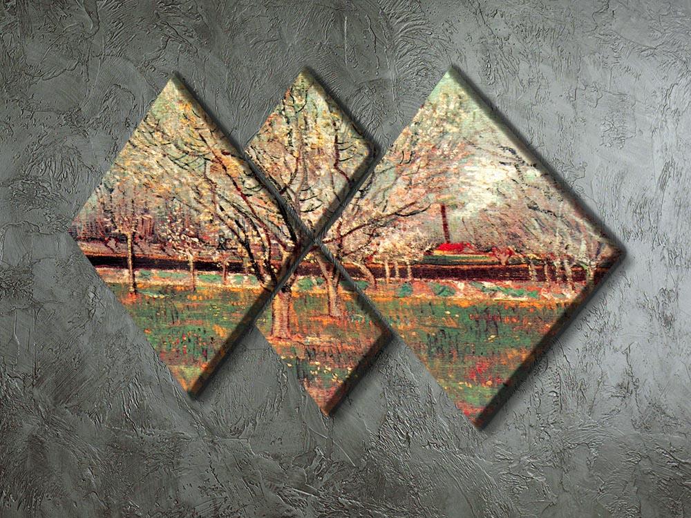 4-square multi-panel canvas featuring Van Gogh's Orchard in Blossom Plum Trees, showcasing vibrant plum blossoms against a blue sky.