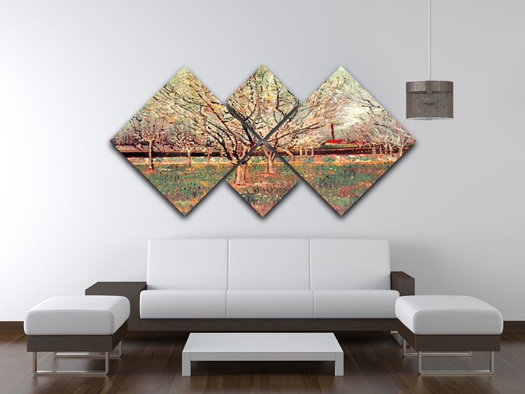 4-square multi-panel canvas featuring Van Gogh's Orchard in Blossom Plum Trees, showcasing vibrant plum blossoms against a blue sky.