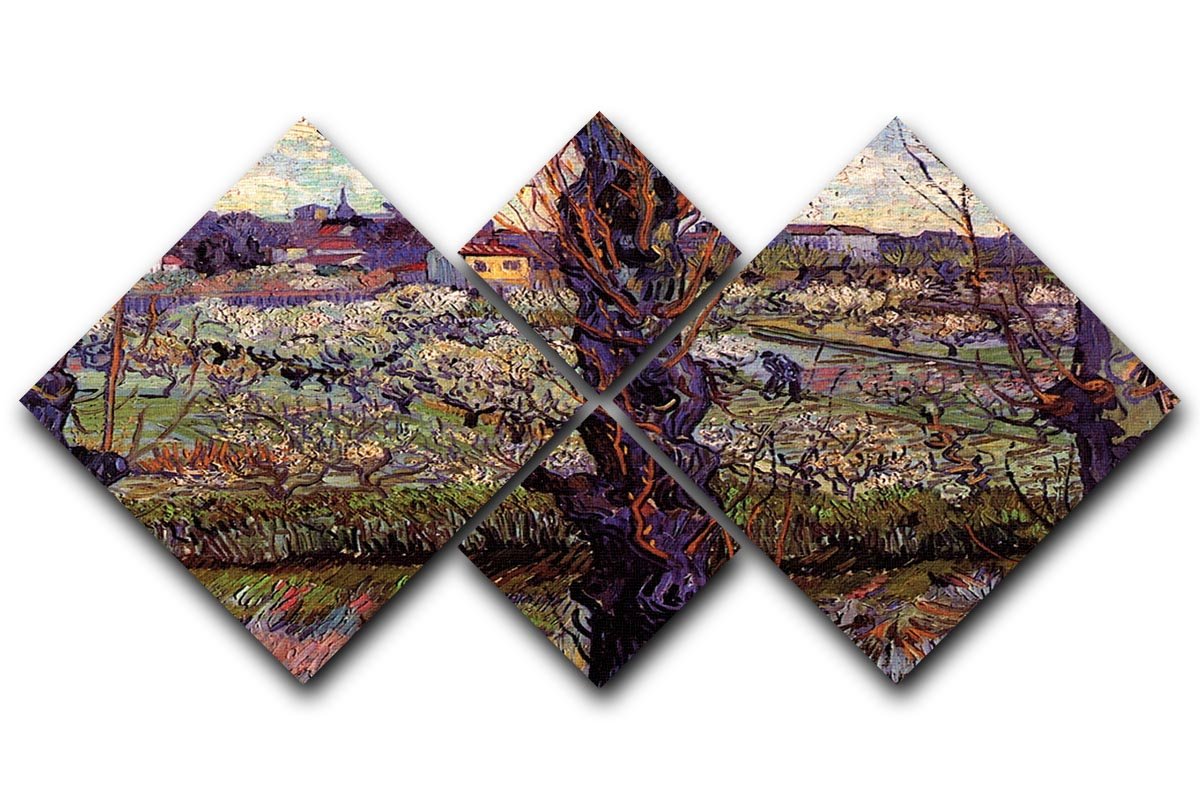 A vibrant 4-square canvas artwork depicting Van Gogh's Orchard in Blossom with View of Arles, showcasing blooming flowers and a serene landscape.