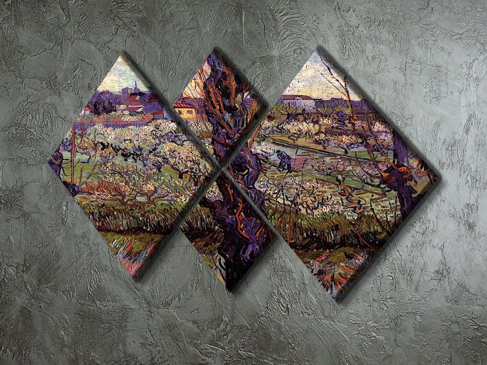 A vibrant 4-square canvas artwork depicting Van Gogh's Orchard in Blossom with View of Arles, showcasing blooming flowers and a serene landscape.