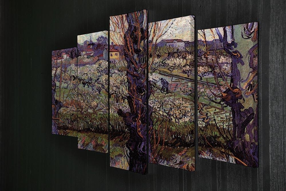 5 split panel canvas artwork featuring Van Gogh's Orchard in Blossom with vibrant colors and intricate details.