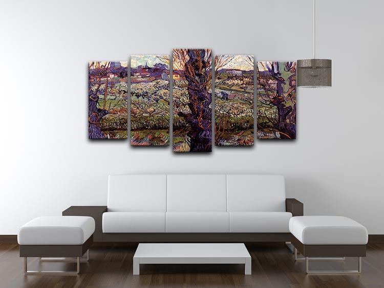 5 split panel canvas artwork featuring Van Gogh's Orchard in Blossom with vibrant colors and intricate details.