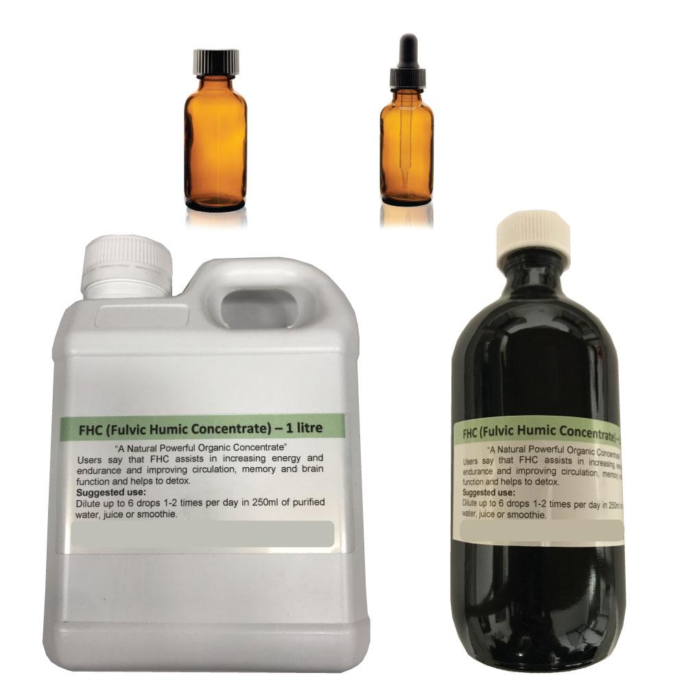 Bottle of Organic Fulvic Humic Concentrate Liquid FHC with a dark liquid, showcasing its rich mineral content and organic certification.