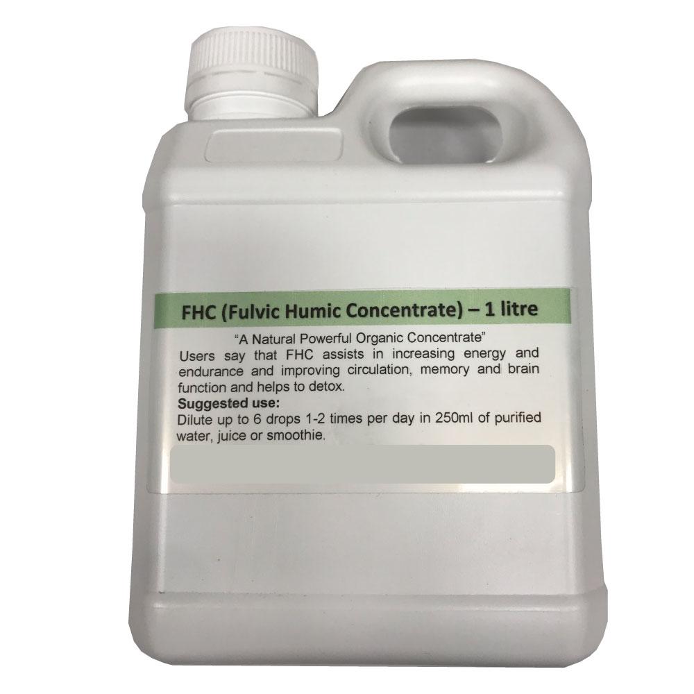 Bottle of Organic Fulvic Humic Concentrate Liquid FHC with a dark liquid, showcasing its rich mineral content and organic certification.