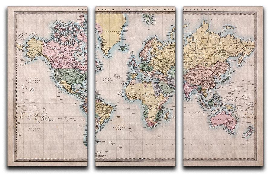 Original old hand coloured map displayed on a 3-panel canvas print, showcasing intricate details and vibrant colors.