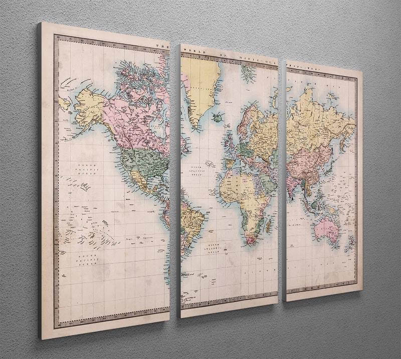 Original old hand coloured map displayed on a 3-panel canvas print, showcasing intricate details and vibrant colors.