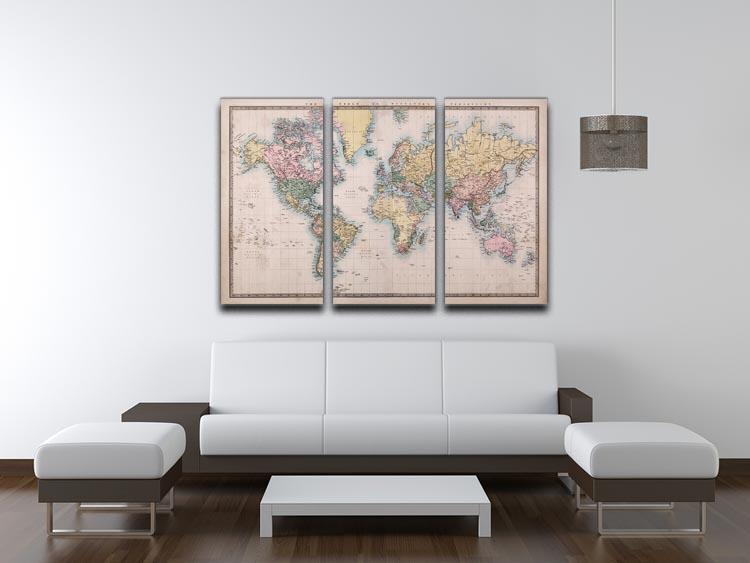 Original old hand coloured map displayed on a 3-panel canvas print, showcasing intricate details and vibrant colors.