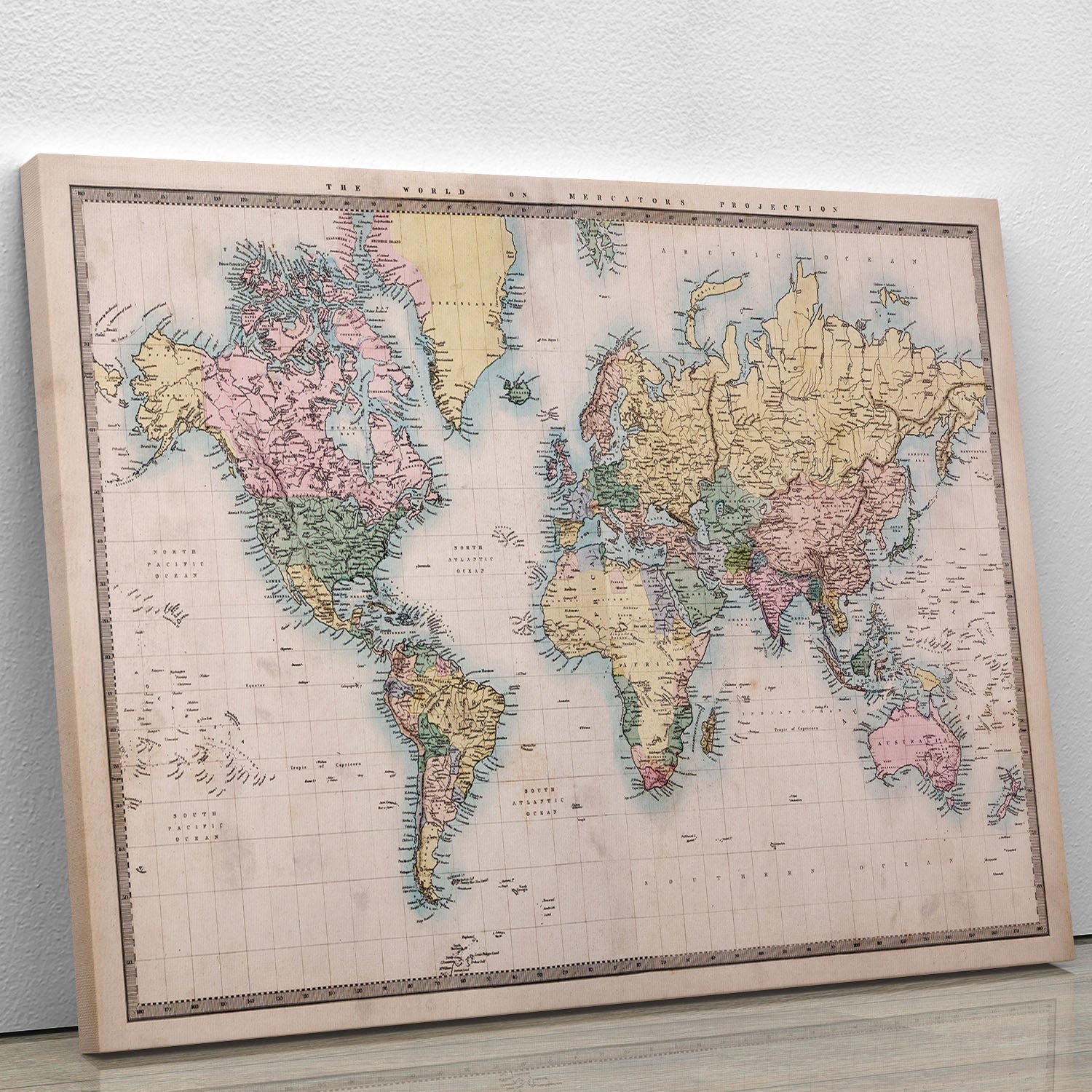 Original old hand coloured map canvas print showcasing intricate details and vibrant colors, perfect for home decor.