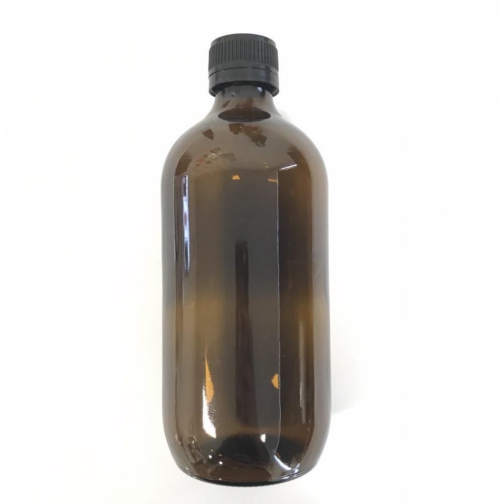 500ml Organic Neem Seed Oil in amber glass bottle with euro dropper dispenser, showcasing its rich, dark color.