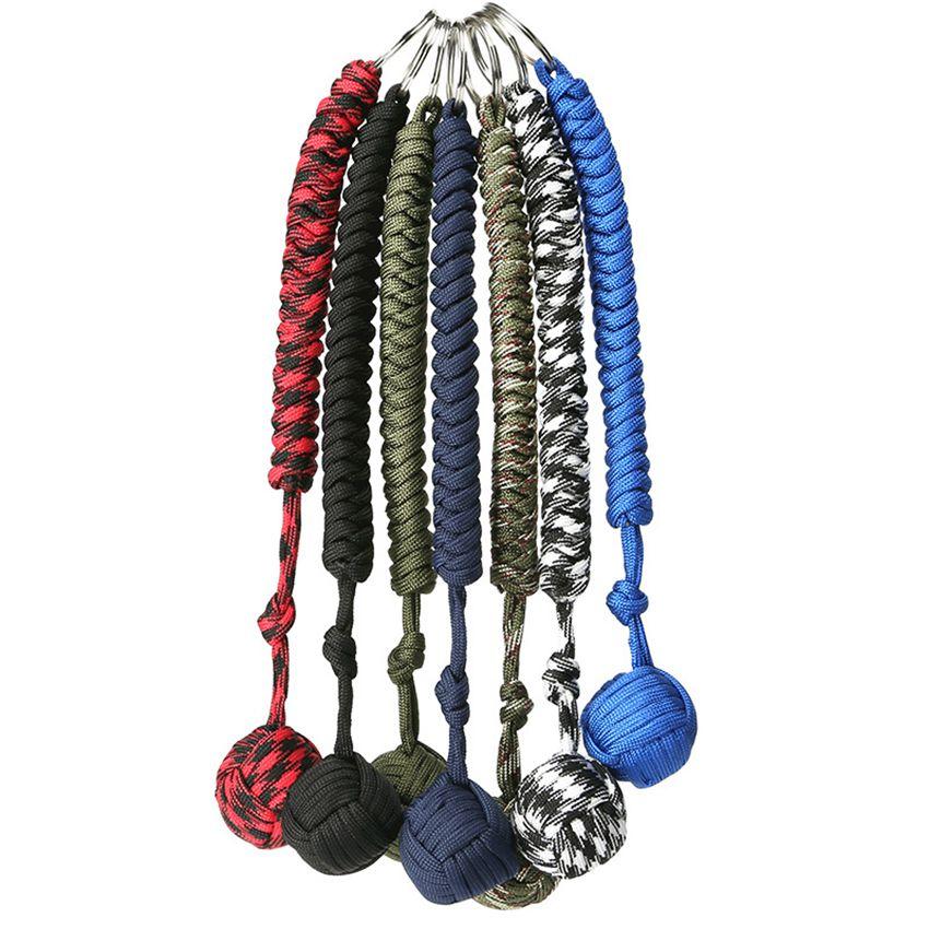 Outdoor Personal Security Protection Monkey Fist Steel Ball Keychain made of durable parachute cord with a steel ball inside.