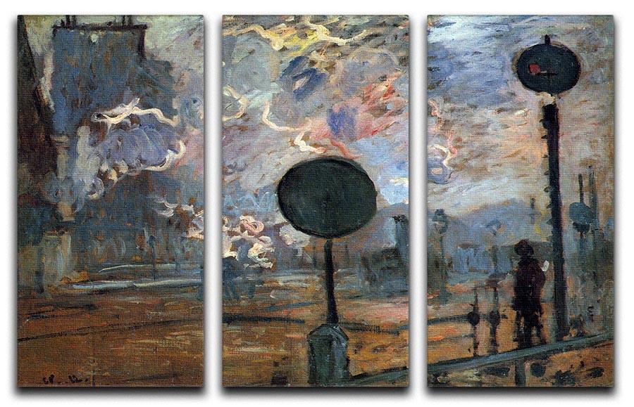 Three-panel canvas art featuring Monet's Outside the station Saint Lazare, showcasing vibrant colors and impressionist style.