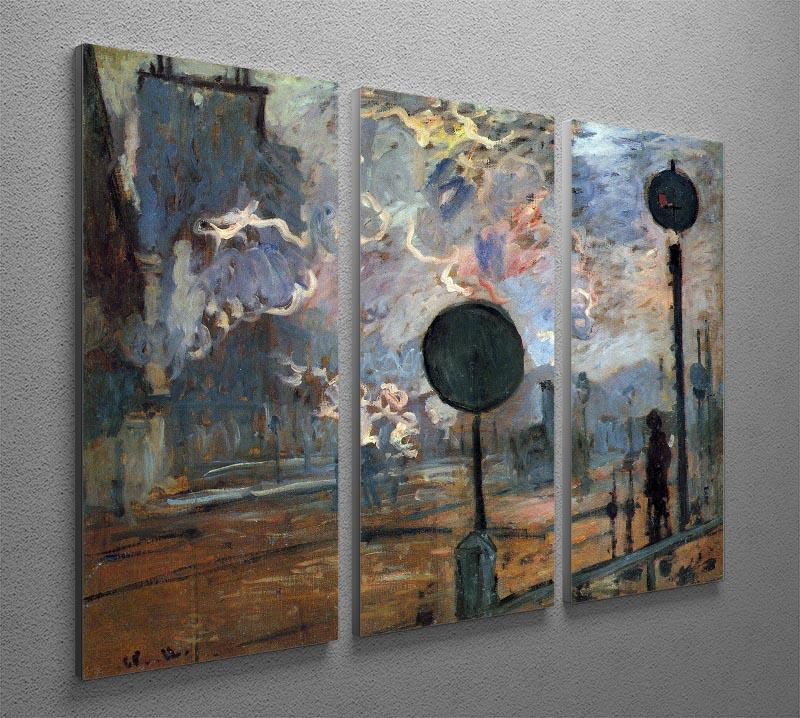 Three-panel canvas art featuring Monet's Outside the station Saint Lazare, showcasing vibrant colors and impressionist style.