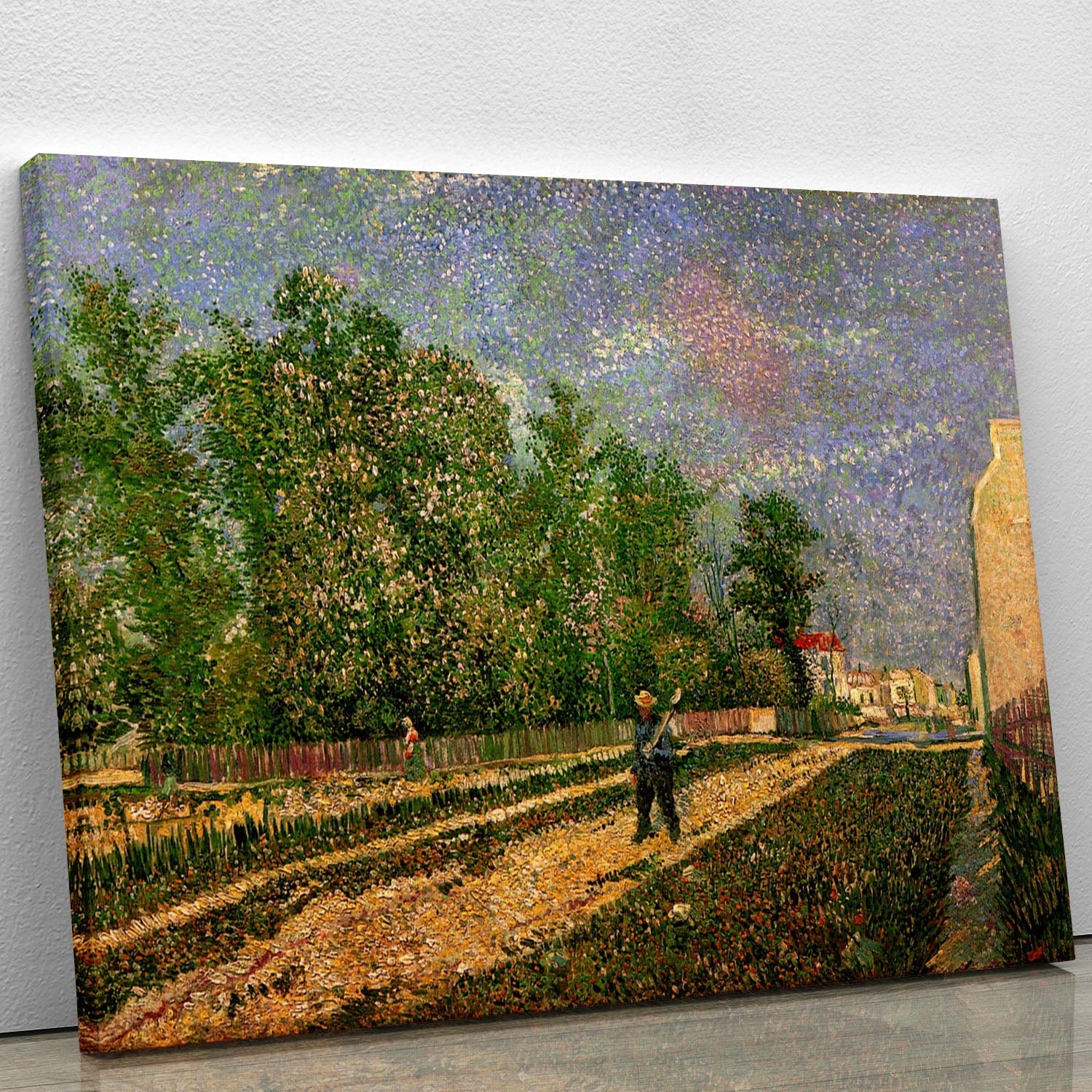 Canvas art of Van Gogh's 'Outskirts of Paris Road' featuring a peasant with a spade, showcasing vibrant colors and expressive brushstrokes.