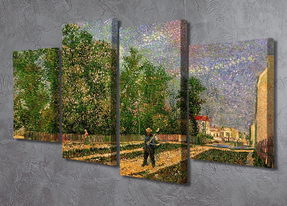 4-split canvas artwork of Van Gogh's Outskirts of Paris featuring a peasant with a spade, showcasing vibrant colors and dynamic composition.