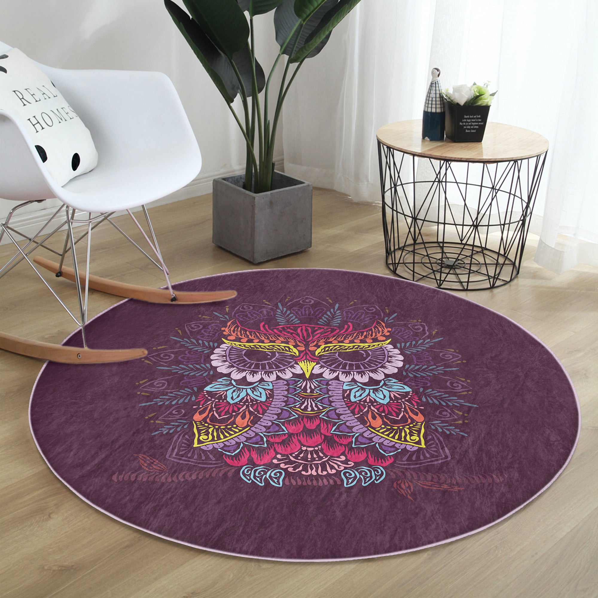 Owl Round Rug featuring a vibrant owl pattern, made of soft velvet fabric, anti-slip design, and available in various sizes.