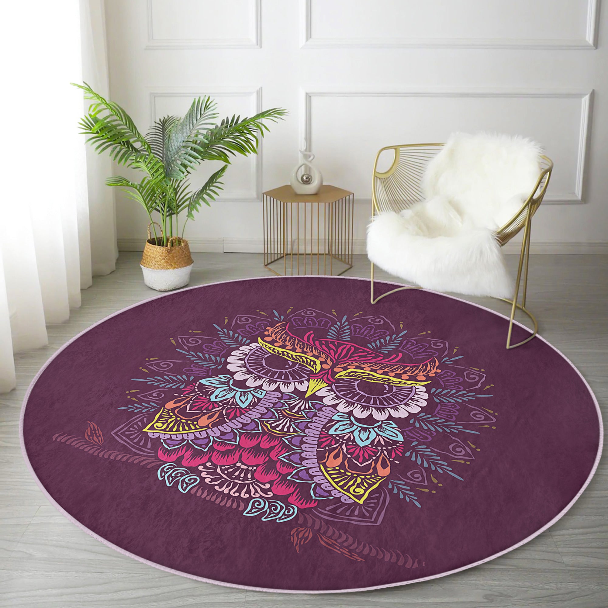 Owl Round Rug featuring a vibrant owl pattern, made of soft velvet fabric, anti-slip design, and available in various sizes.