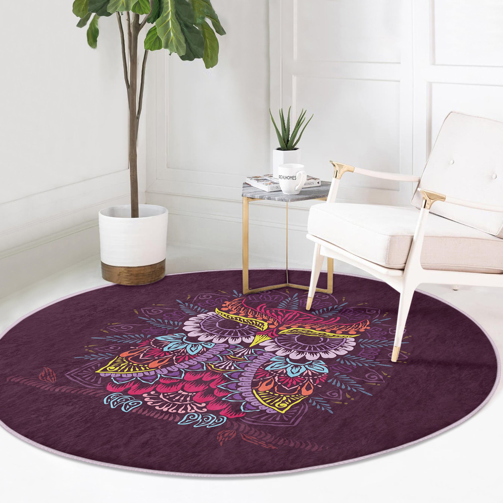 Owl Round Rug featuring a vibrant owl pattern, made of soft velvet fabric, anti-slip design, and available in various sizes.