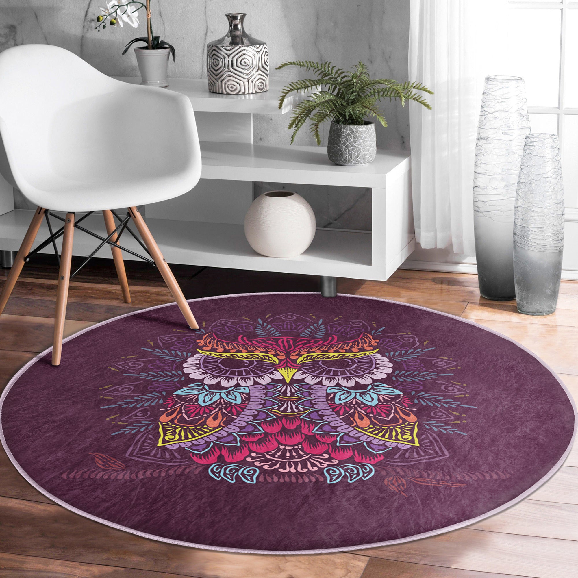 Owl Round Rug featuring a vibrant owl pattern, made of soft velvet fabric, anti-slip design, and available in various sizes.