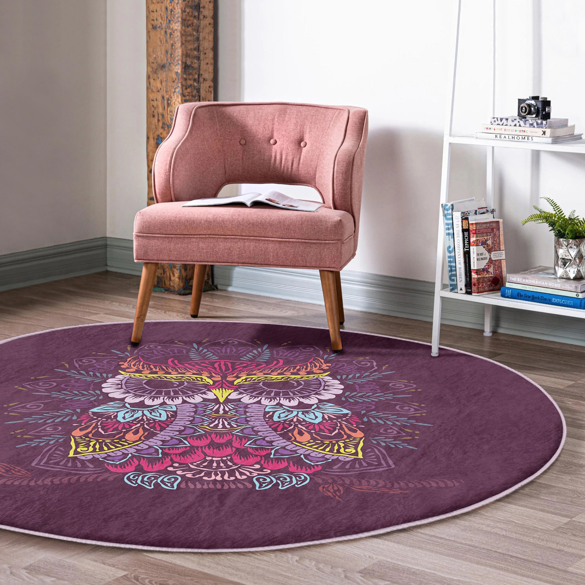 Owl Round Rug featuring a vibrant owl pattern, made of soft velvet fabric, anti-slip design, and available in various sizes.