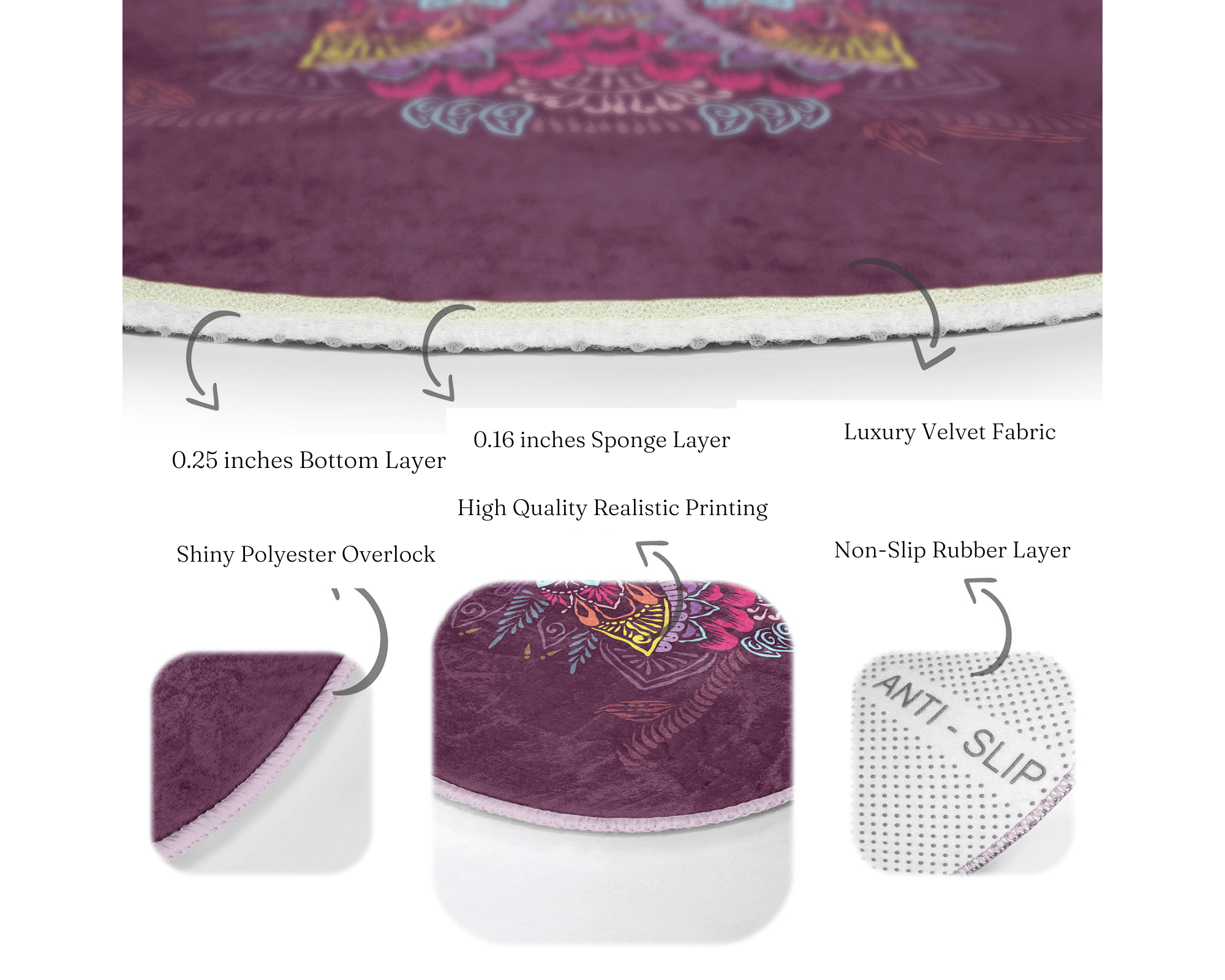 Owl Round Rug featuring a vibrant owl pattern, made of soft velvet fabric, anti-slip design, and available in various sizes.