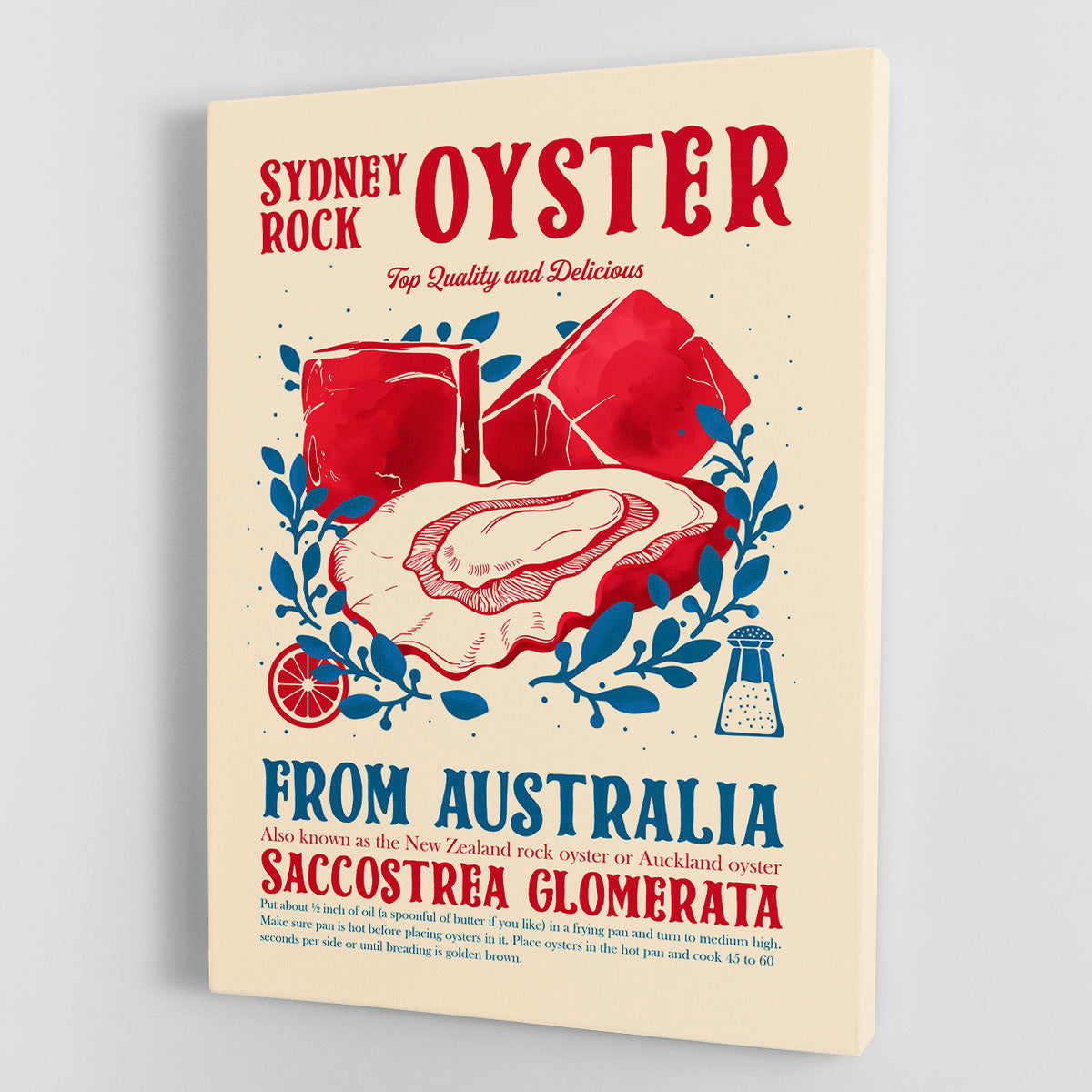 A beautiful canvas print featuring an oyster, perfect for kitchen decor, showcasing vibrant colors and intricate details.