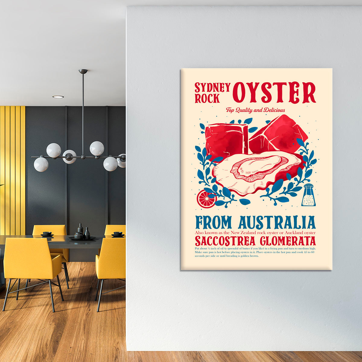 A beautiful canvas print featuring an oyster, perfect for kitchen decor, showcasing vibrant colors and intricate details.