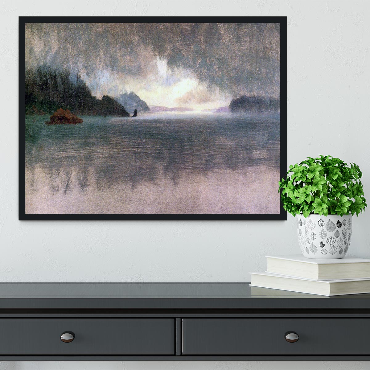 Framed print of the Pacific Northwest by Bierstadt, showcasing vibrant colors and exquisite craftsmanship.