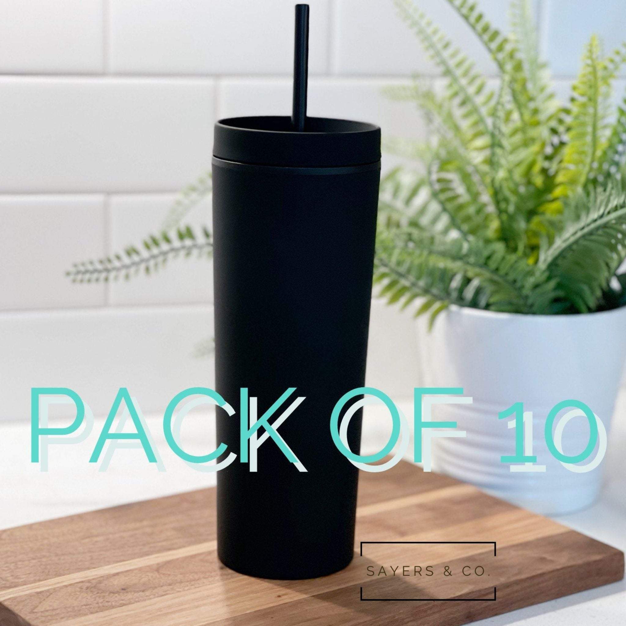 Pack of 10 stylish 19oz Acrylic Skinny Matte Black Tumblers with screw-top lids and black straws, perfect for any occasion.