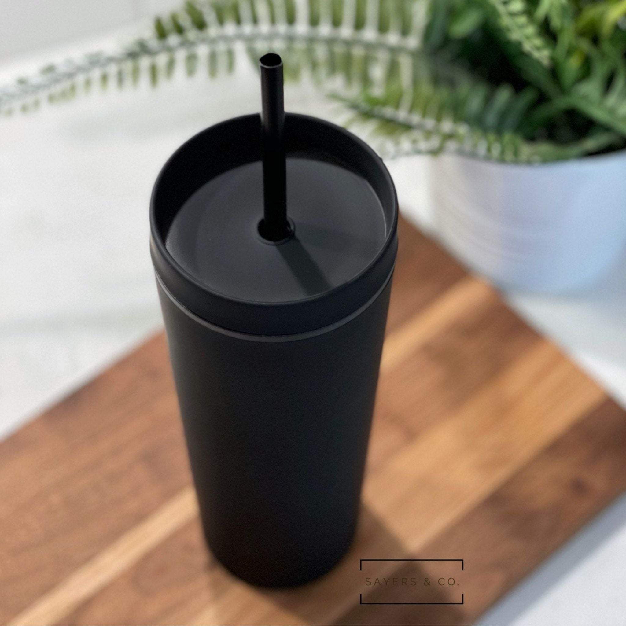 Pack of 10 stylish 19oz Acrylic Skinny Matte Black Tumblers with screw-top lids and black straws, perfect for any occasion.