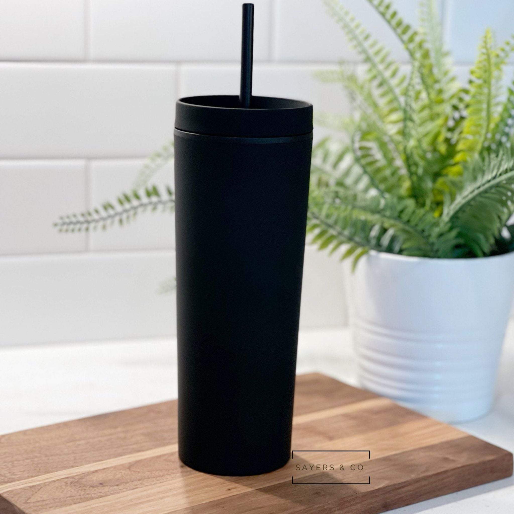Pack of 10 stylish 19oz Acrylic Skinny Matte Black Tumblers with screw-top lids and black straws, perfect for any occasion.