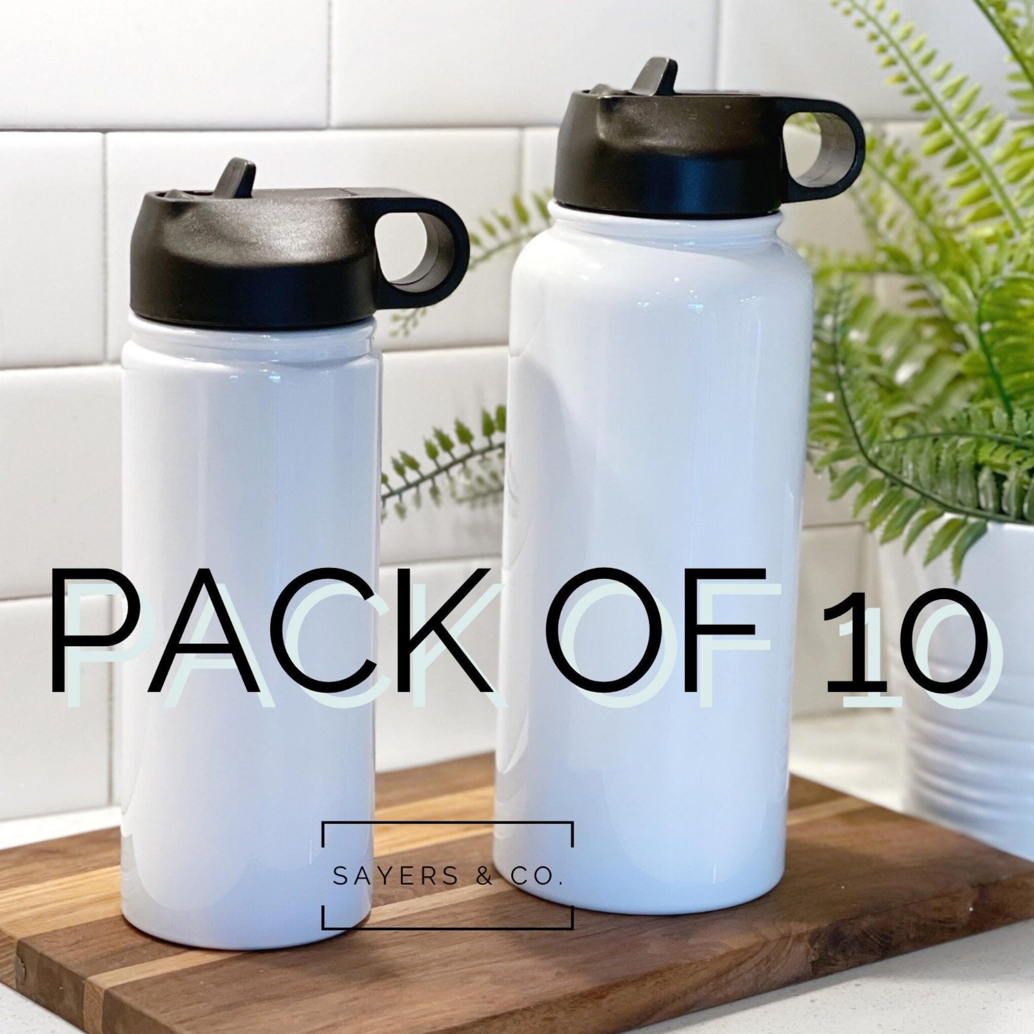 Pack of 10 white sublimation sport bottles in 32oz and 18oz sizes, showcasing their sleek stainless steel design and individual packaging.