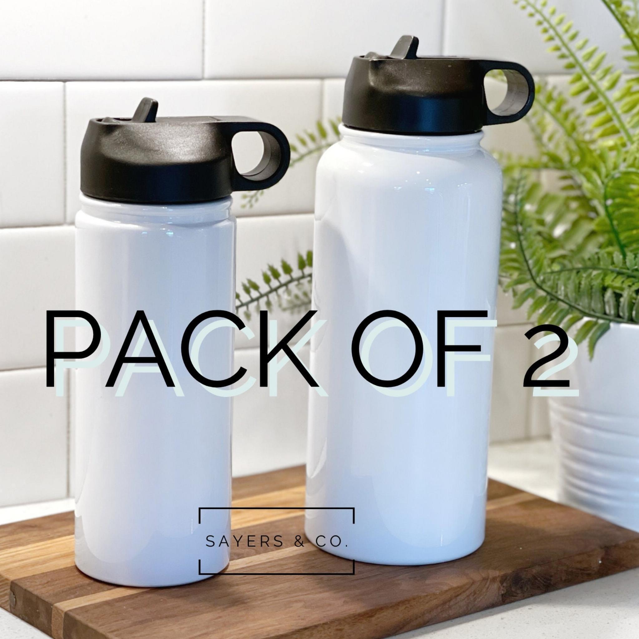 Pack of 2 white sublimation sport bottles in 32oz and 18oz sizes, showcasing a sleek stainless steel design perfect for customization.