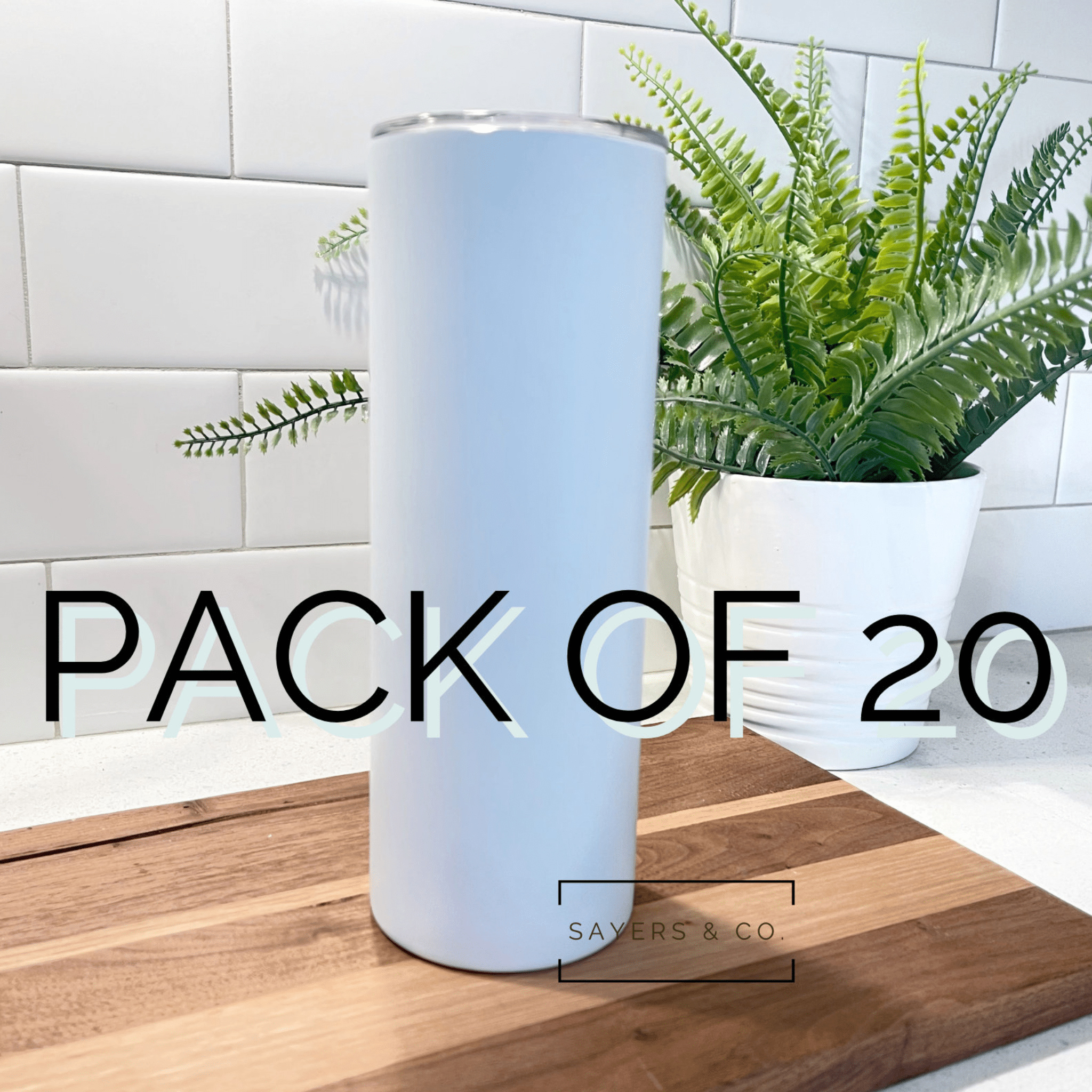 Pack of 20 matte white straight sublimation tumblers with straws and non-slip bottoms, elegantly packaged in white boxes.