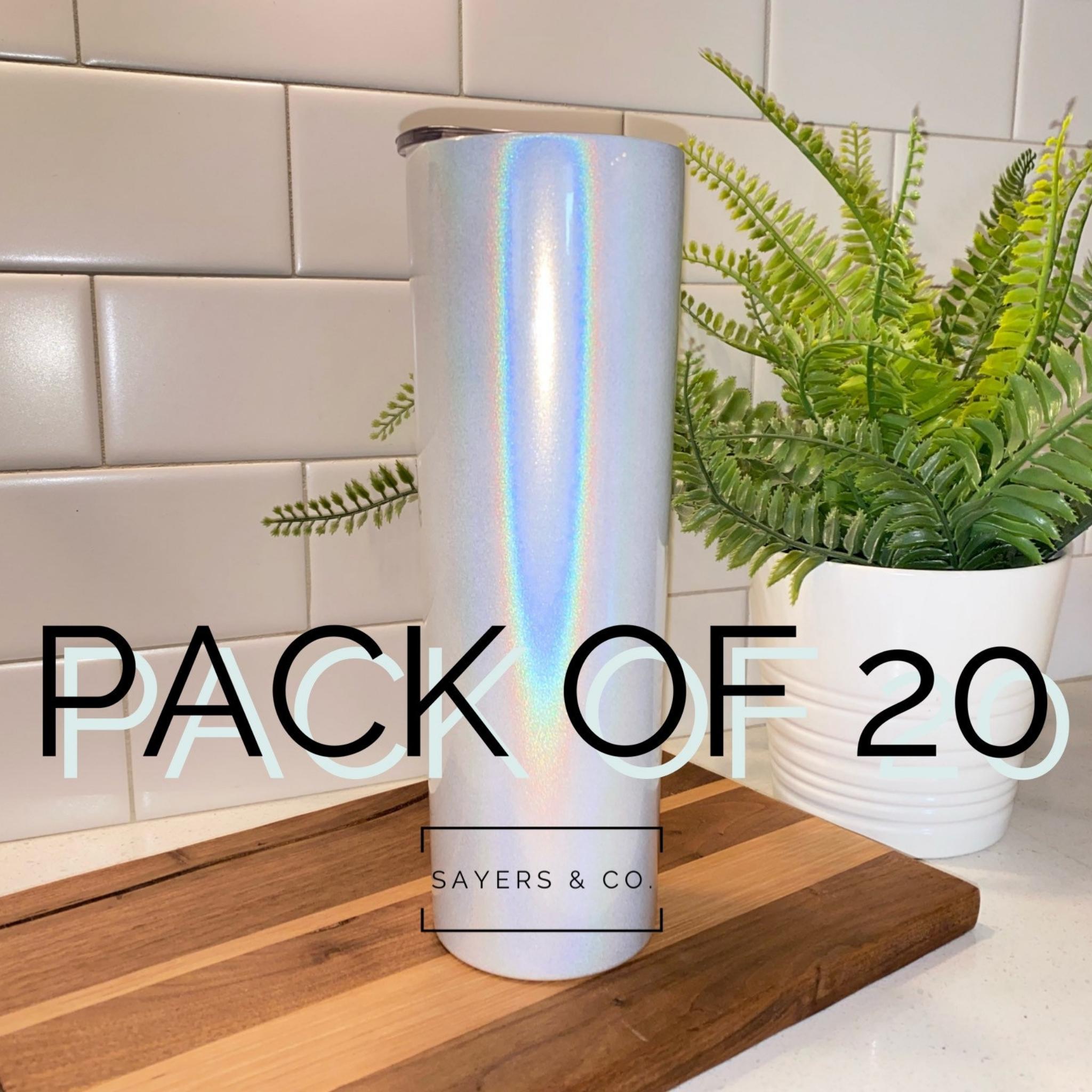 Pack of 20, 30oz white glitter skinny straight sublimation blank stainless steel tumblers with straws in individual boxes.