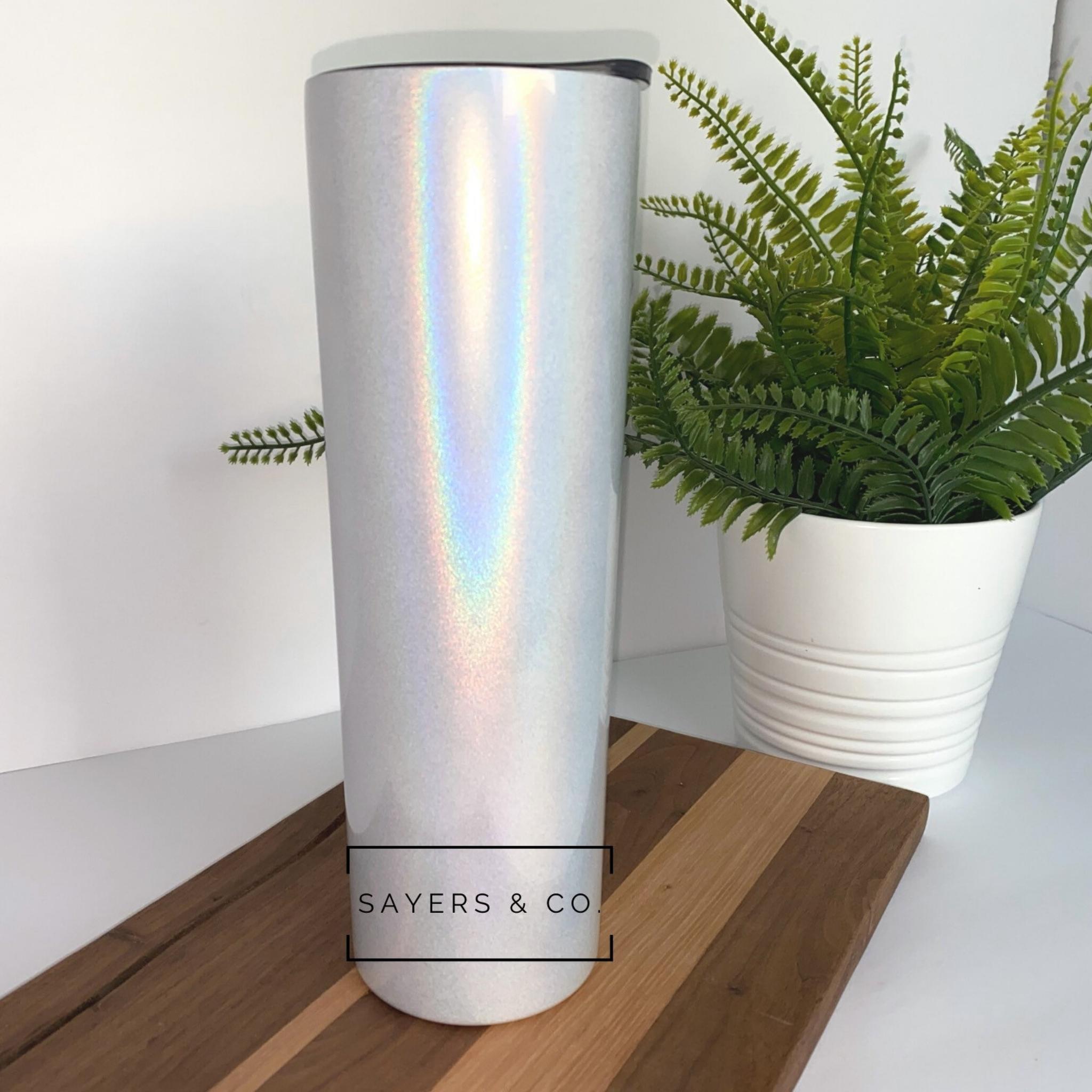 Pack of 20, 30oz white glitter skinny straight sublimation blank stainless steel tumblers with straws in individual boxes.