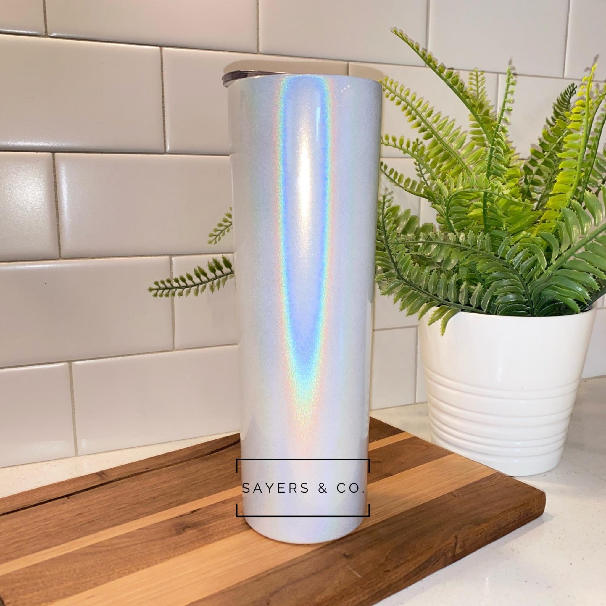 Pack of 20, 30oz white glitter skinny straight sublimation blank stainless steel tumblers with straws in individual boxes.