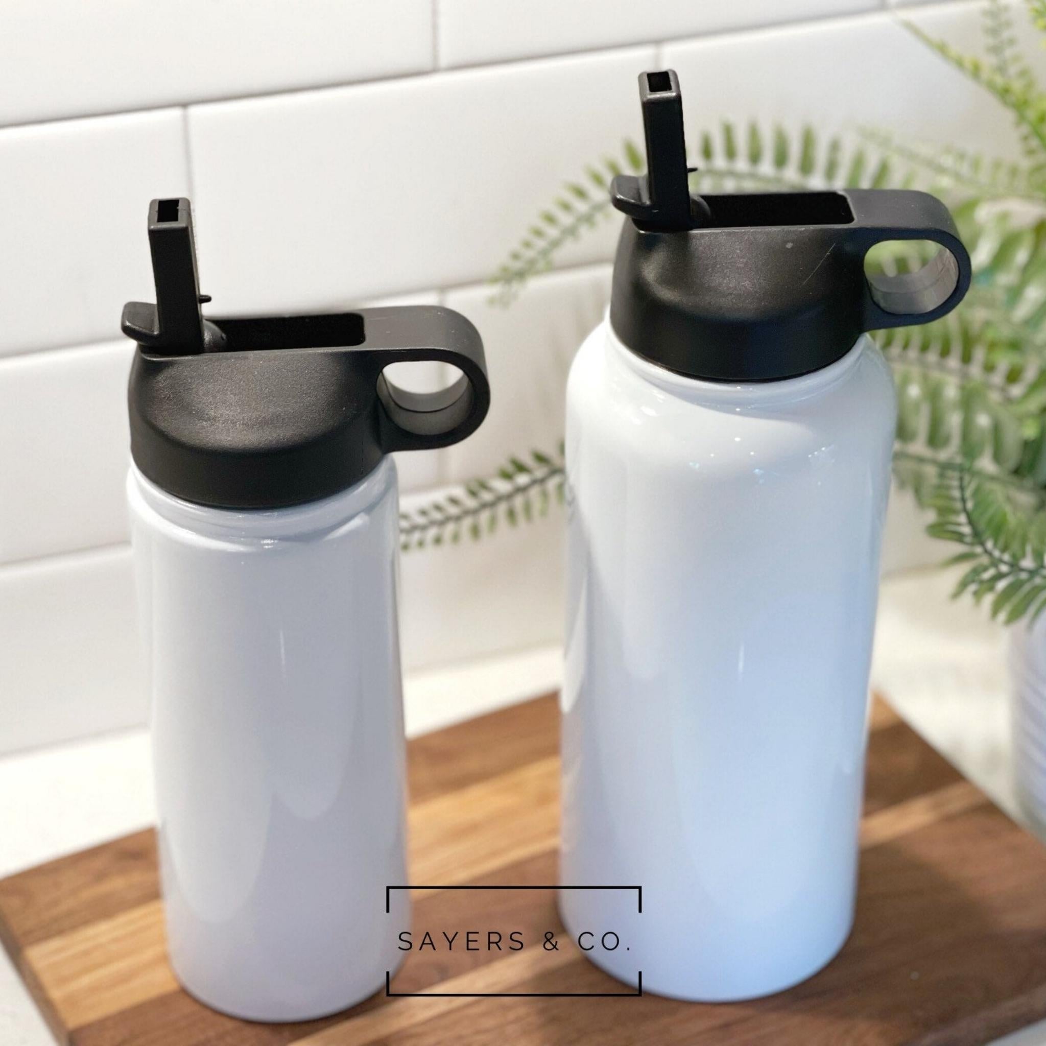 Pack of 20 white sublimation sport bottles in 32oz and 18oz sizes, perfect for custom designs.