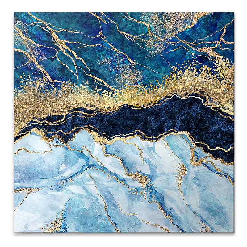A vibrant digital painting titled BLUE STORM on canvas, measuring 50x50x3cm, showcasing dynamic blue hues and abstract patterns.