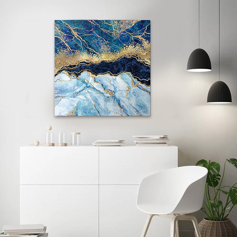A vibrant digital painting titled BLUE STORM on canvas, measuring 50x50x3cm, showcasing dynamic blue hues and abstract patterns.