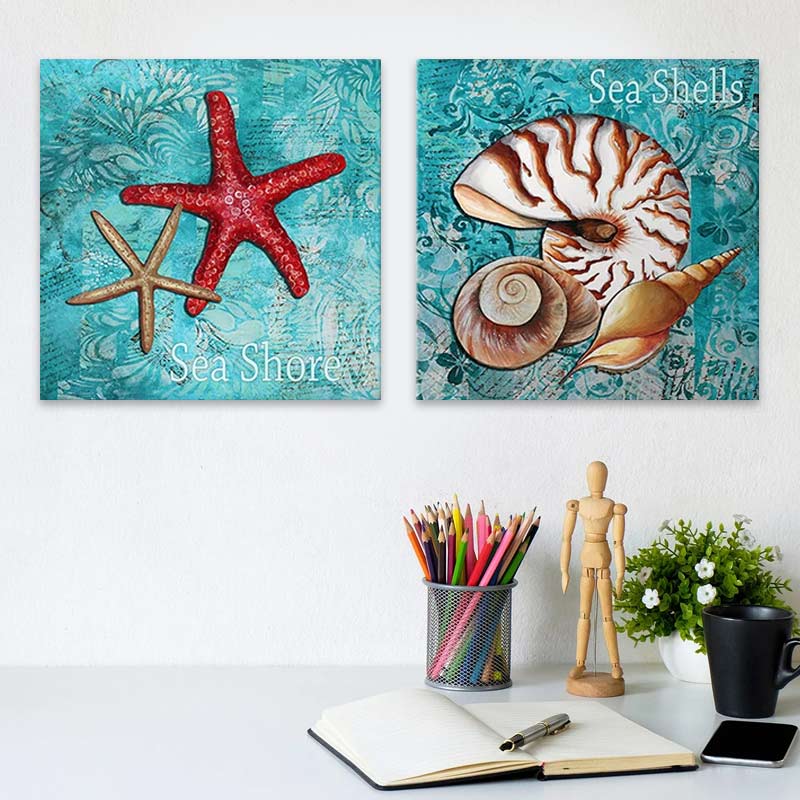 Two-piece digital canvas painting featuring vibrant sea creatures, measuring 83x40x3 cm, ideal for home or business decor.