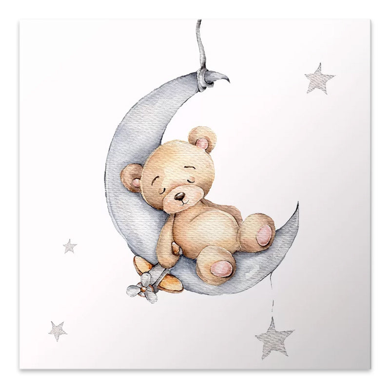 A charming digital canvas painting of a sleeping teddy bear, perfect for children's rooms, featuring vibrant colors and a serene design.