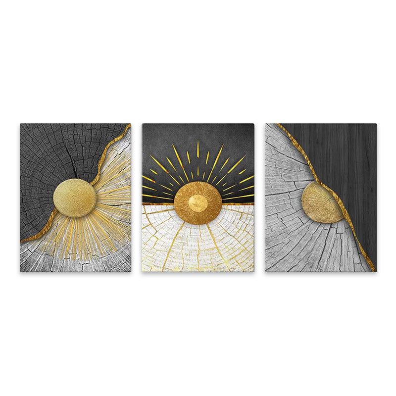 A vibrant triptych digital canvas painting titled SUNSHINE, featuring three equal pieces with bright colors, designed to enhance home or business decor.