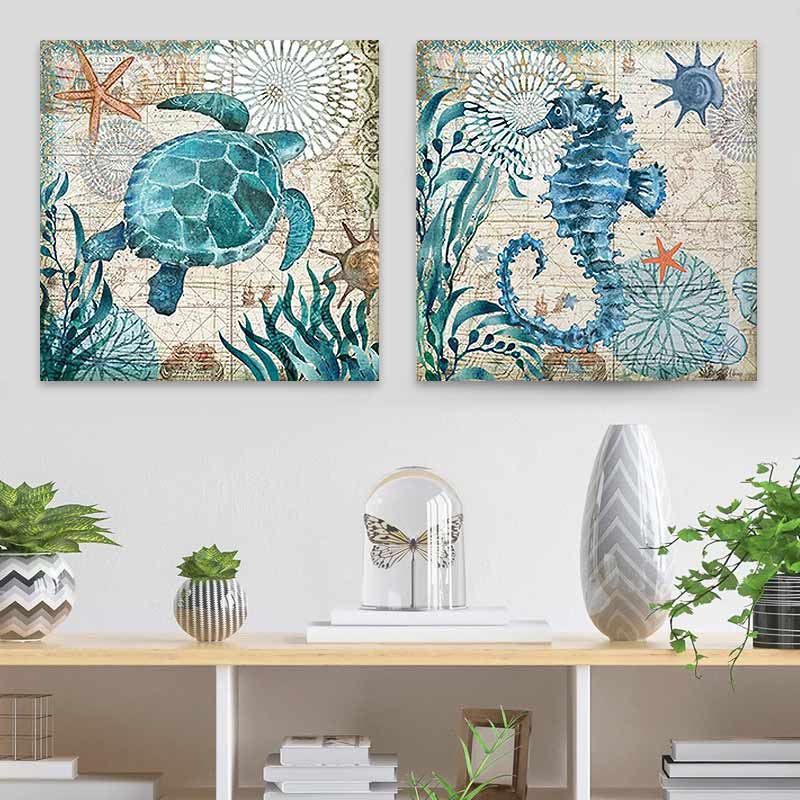 Two-piece digital canvas painting set featuring vibrant water life imagery, dimensions 83x40x3 cm, ideal for home or business decor.