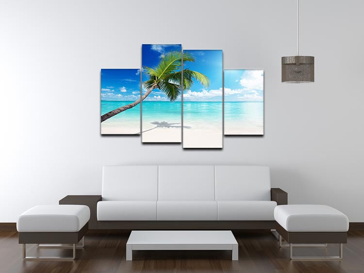 A beautiful 4-split panel canvas artwork featuring a serene beach scene, showcasing vibrant colors and a dynamic design.