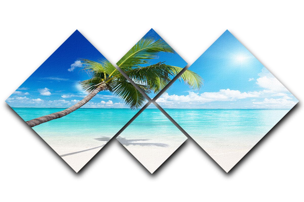 A beautiful 4-square canvas artwork featuring a serene palm and beach scene, divided into four equal panels for a striking visual effect.